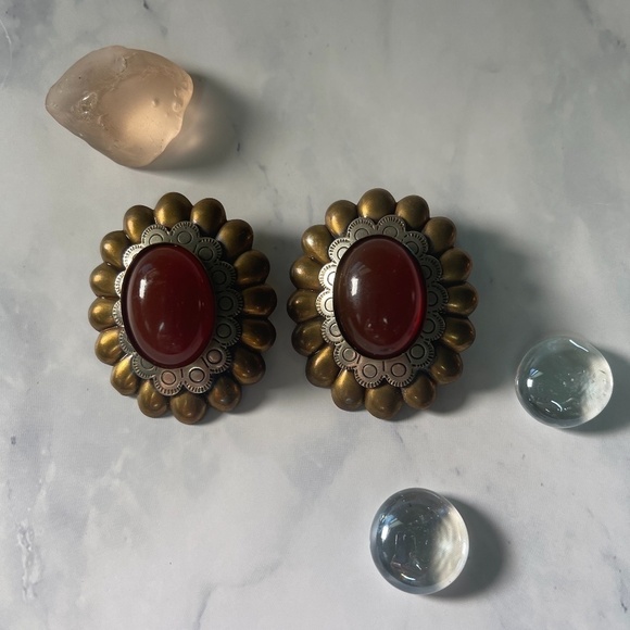 Vintage Marjorie Baer SF Clip Earrings - Brass Tone, Sterling, and Cabochon - Picture 2 of 7